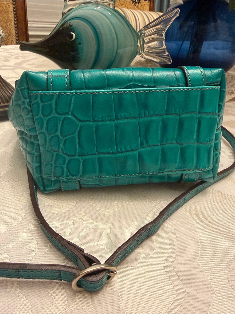 Teal Croc-Embossed Italian Leather Mini Tote with Crossbody Strap - Picture 4 of 7